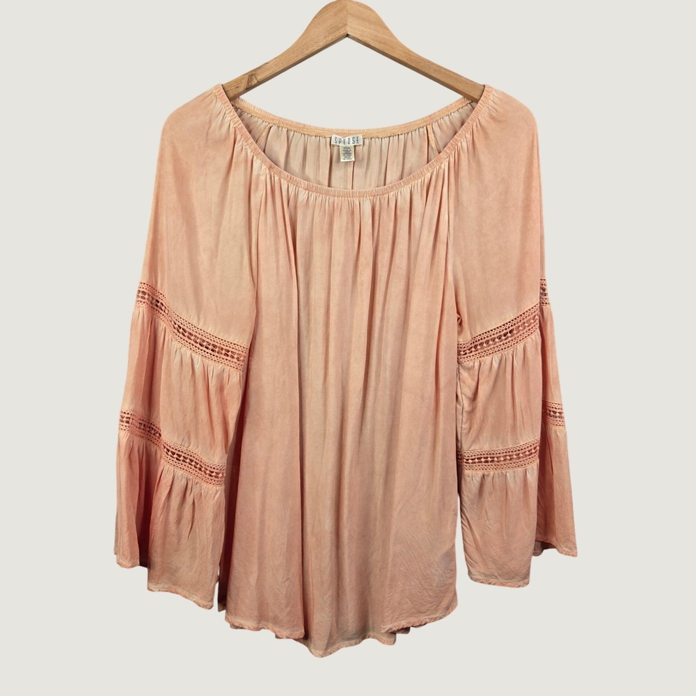 Spense Blouse Women M Peach Boho Crochet Bell Sleeve Peasant Top Festival Flowy